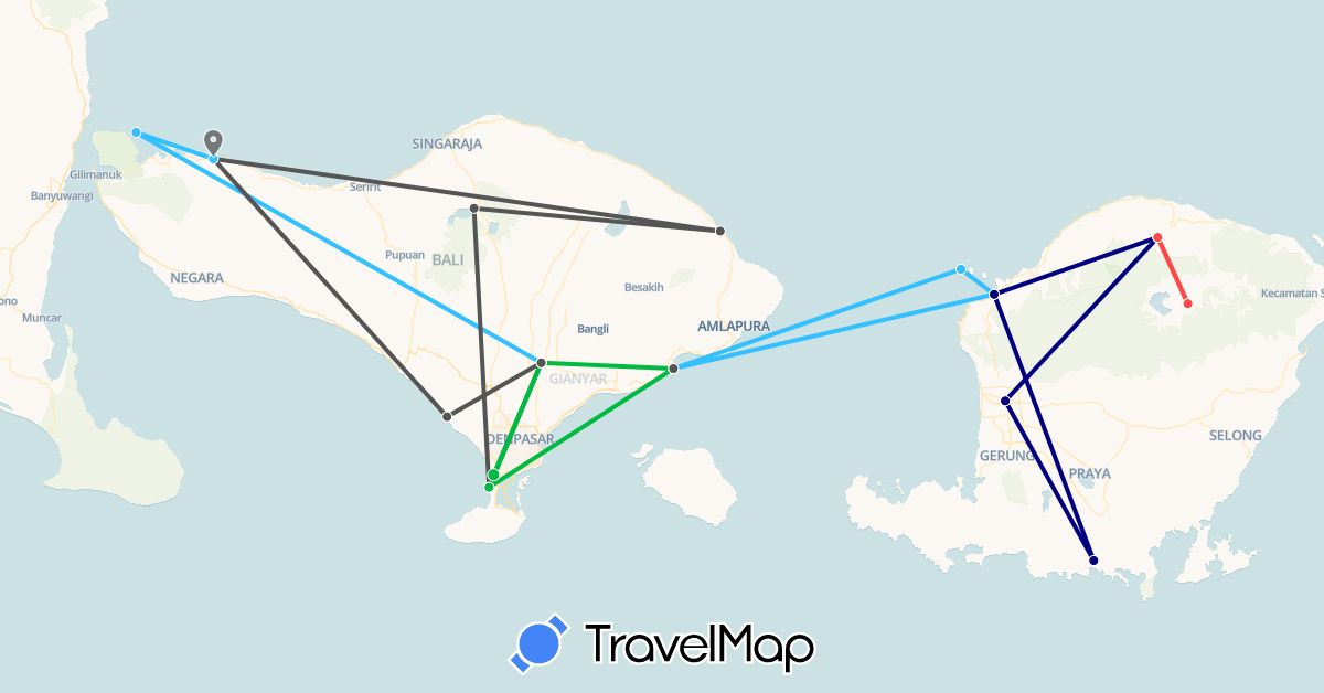 TravelMap itinerary: driving, bus, hiking, boat, motorbike in Indonesia (Asia)
