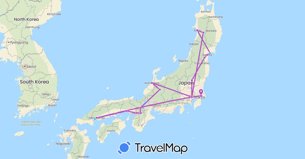 TravelMap itinerary: plane, train, boat in Japan (Asia)