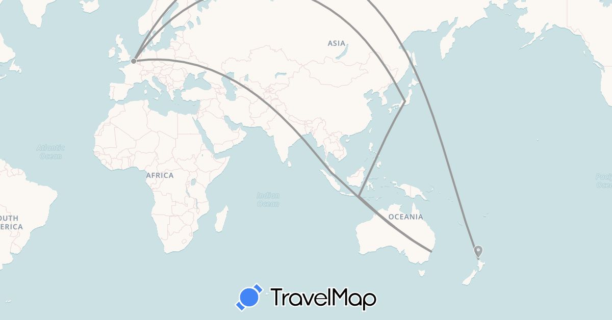 TravelMap itinerary: plane in Australia, France, Indonesia, Japan, Malaysia, New Zealand, Singapore (Asia, Europe, Oceania)